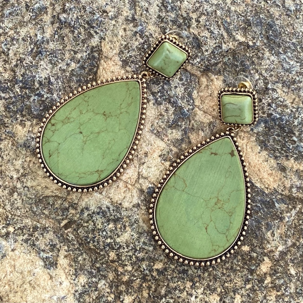 Green Faux Stone Drop Earrings - Brand New